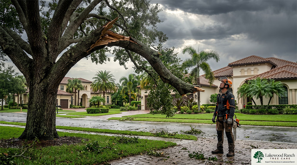 Dangerous storm damaged tree in Lakewood Ranch Florida after severe weather