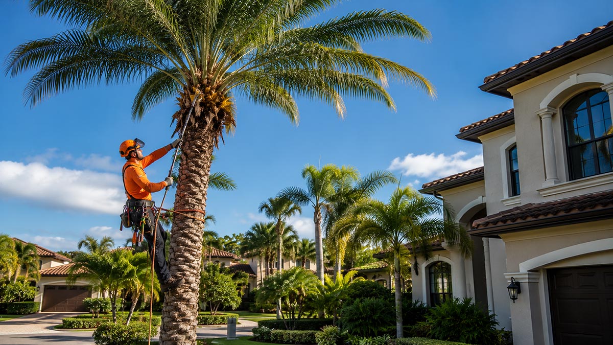Professional arborist trimming palm trees in a Florida residential neighborhood