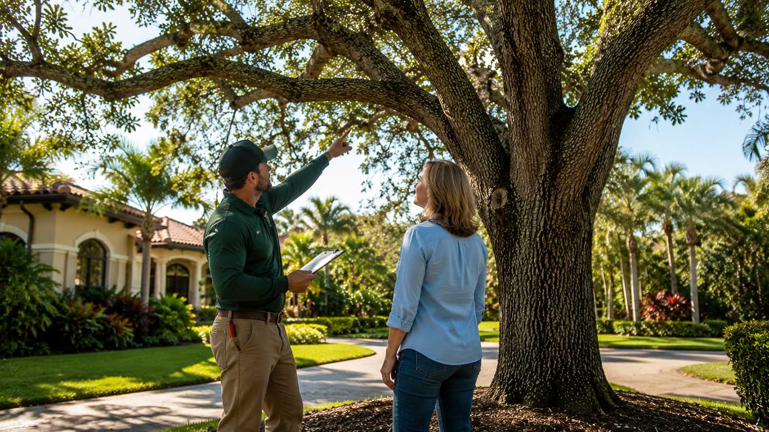 Homeowner discussing tree removal requirements with an arborist in Sarasota County Florida