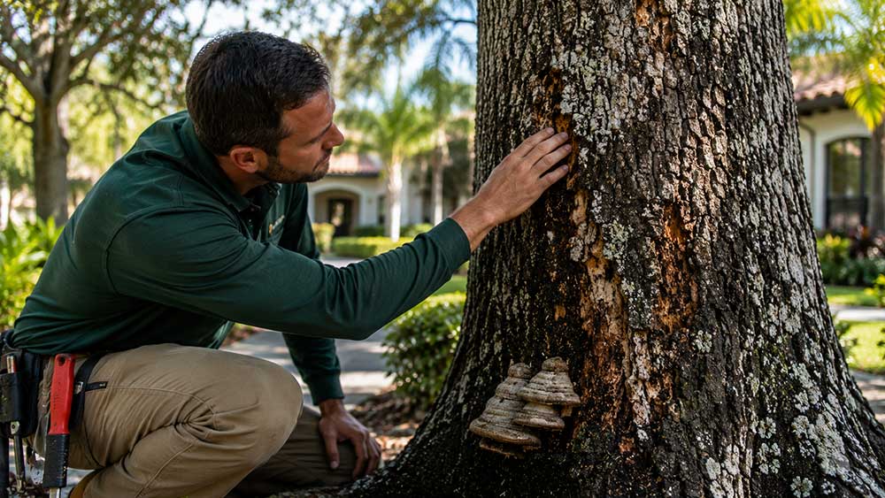 Professional arborist inspecting a diseased oak tree in Lakewood Ranch Florida